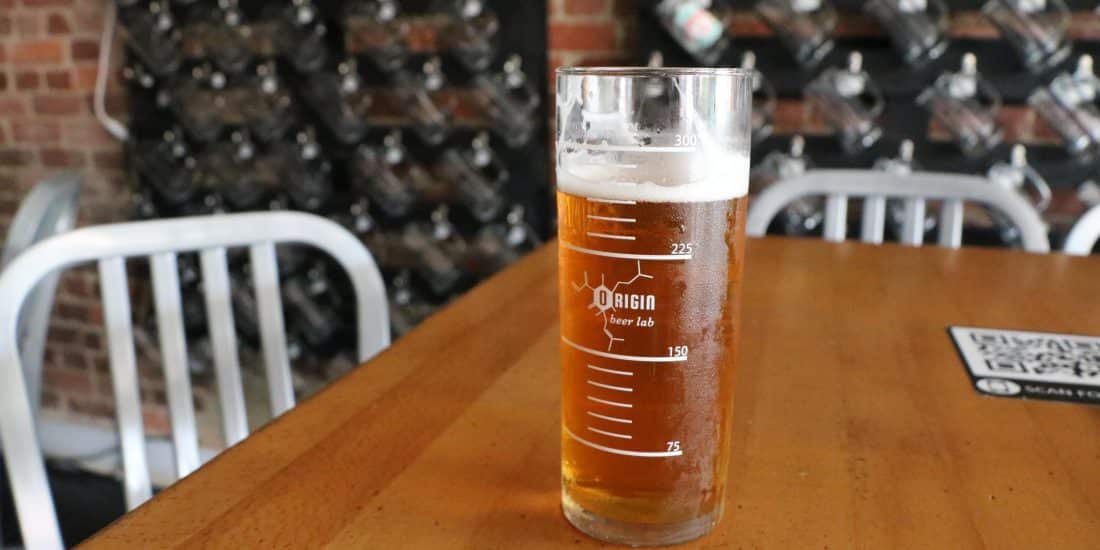 A closeup of a pint of beer at Ashland's Center of the Universe Brewery