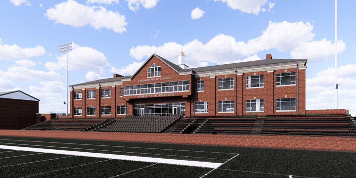 Rendering of a completed Duke Hall and football stadium seating