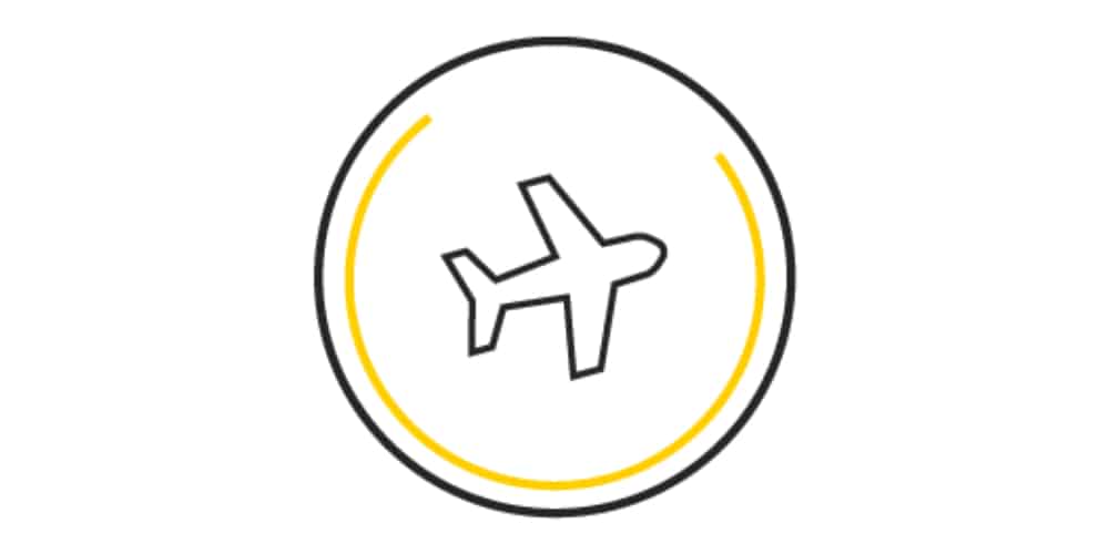 A black and yellow airplane icon on a white background.