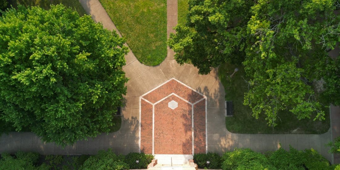 An aerial view of old chapel at the ӣֱ campus