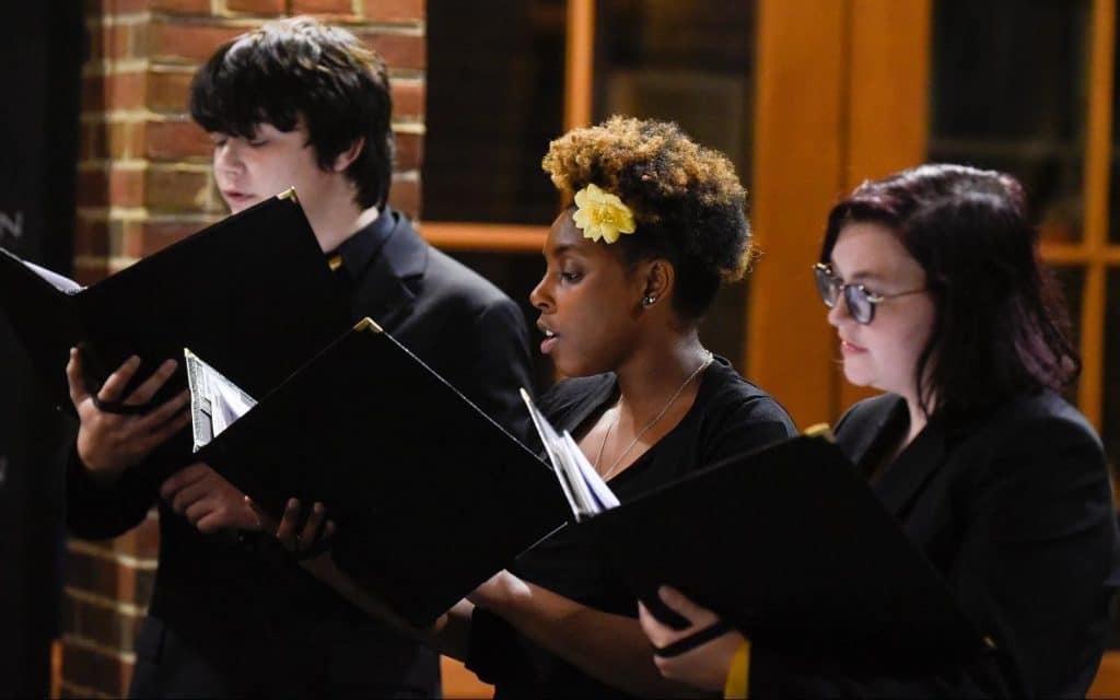 A musical ensemble singing in a choir.