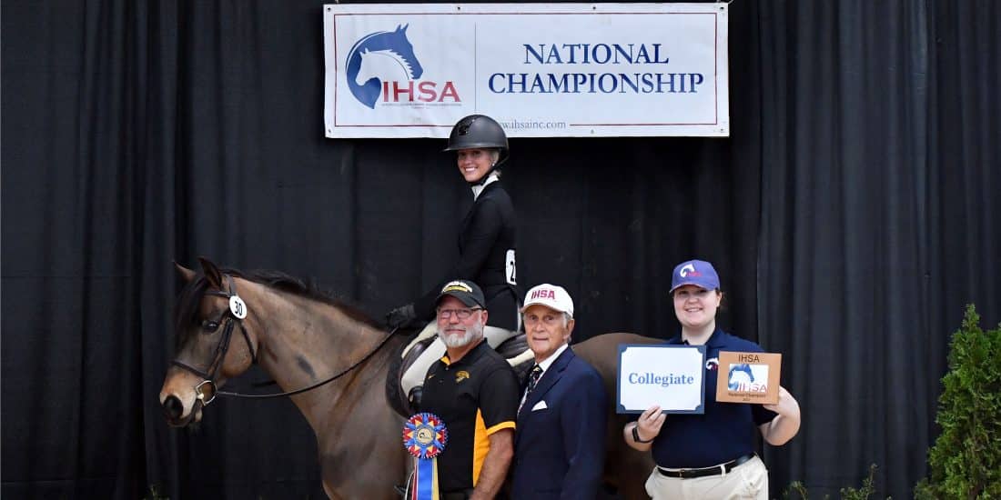 Caitlyn Giese poses with her horse and coach after her IHSA Novice Flat National Championship