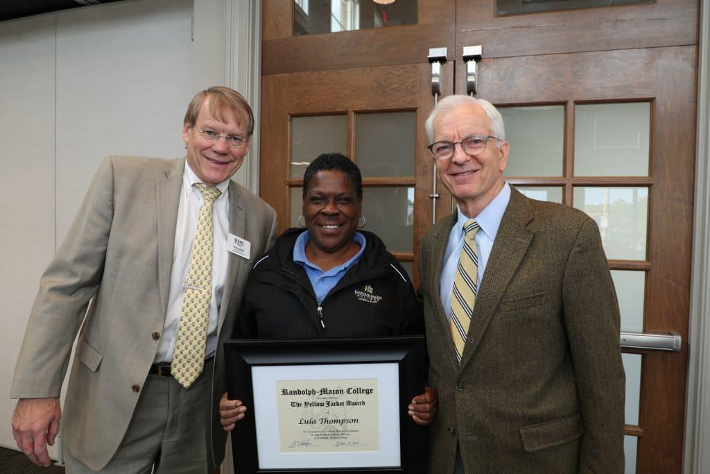 Lula Ann Thompson poses with Paul Davies and President Lindgren at the Fall 2023 Yellow Jacket Awards